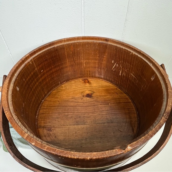Vintage Large Wooden Firkin Sugar Bucket Lid, Handle Primitive Farmhouse Rustic - Picture 13 of 16